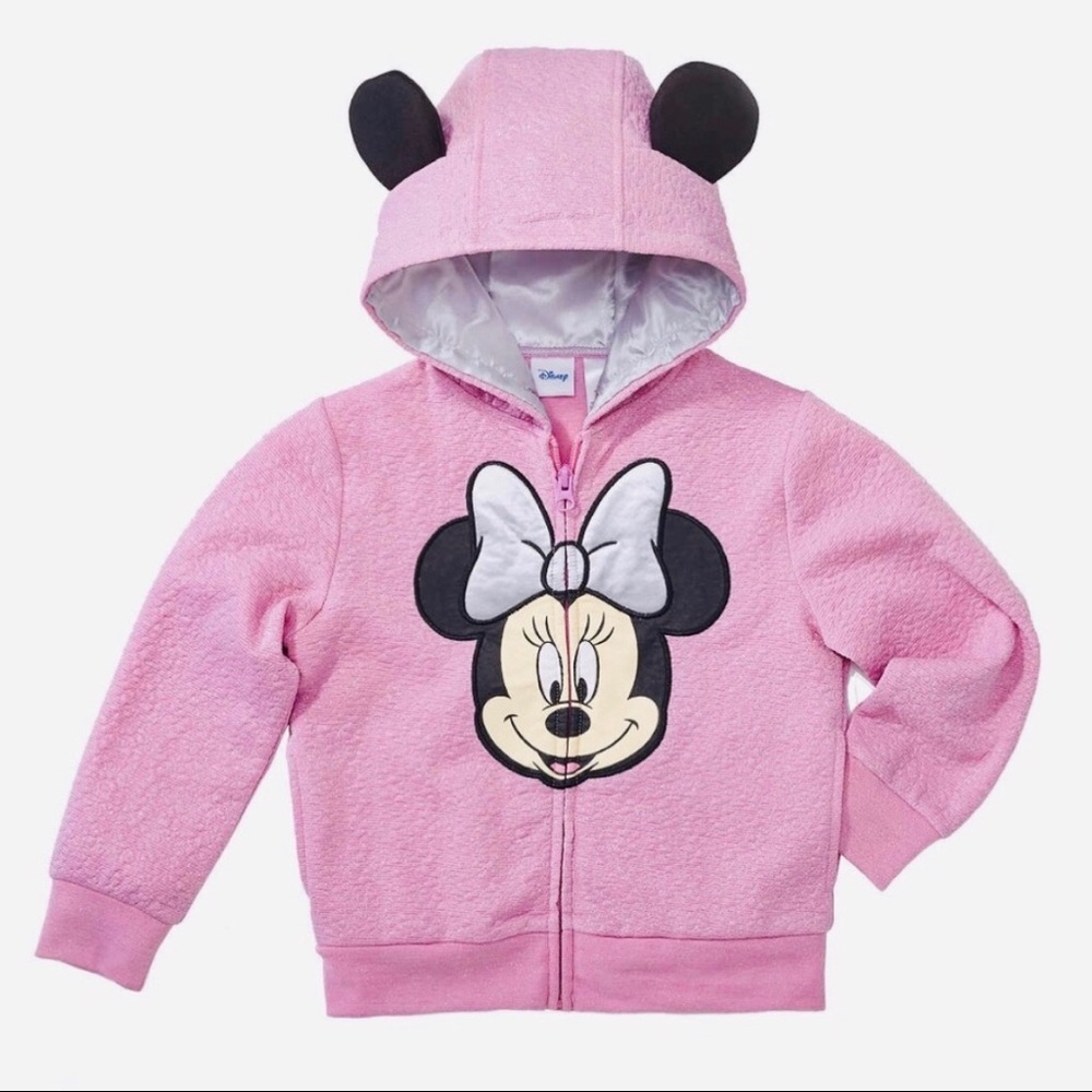 Disney Pink Minnie Mouse Zip Hoodie With Ears Sparkle Hooded Jacket Size 5 NEW